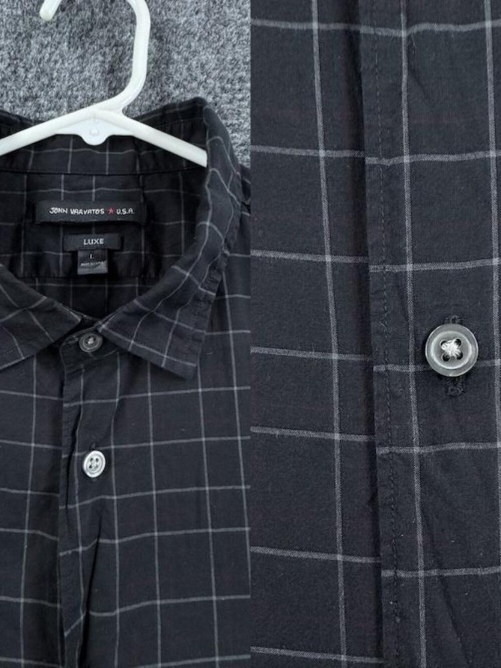 John Varvatos Luxe Large Black Gray Check Long Sleeve Button Up Cotton Shirt